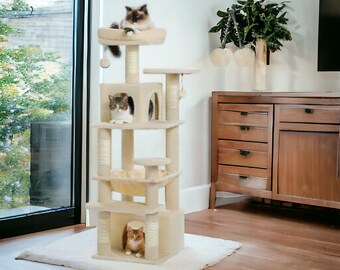 Cat Tree with Sisal-Covered Scratching Posts and Pads - Cat Tower with Spacious Hammock-Dual Condos and 2 Padded Perches Beige