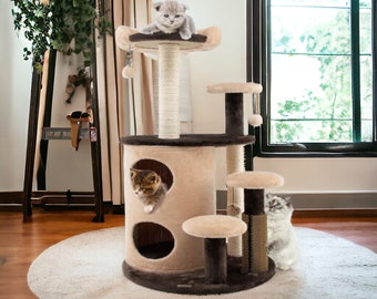 Cat Tree Tower, Scratching Posts, Cat Self Groomer, Cat Climbing Stand for Rest & Fun, Cat Tree Amusement Furniture