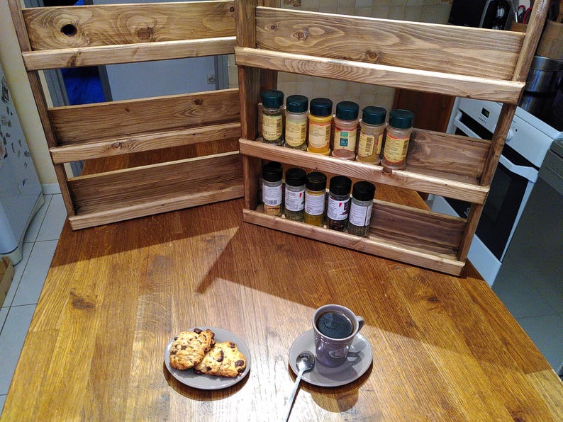 Recycled wood spice rack, rustic kitchen shelf, sustainable spice storage image 10