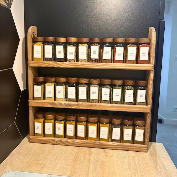 Recycled wood spice rack, rustic kitchen shelf, sustainable spice storage