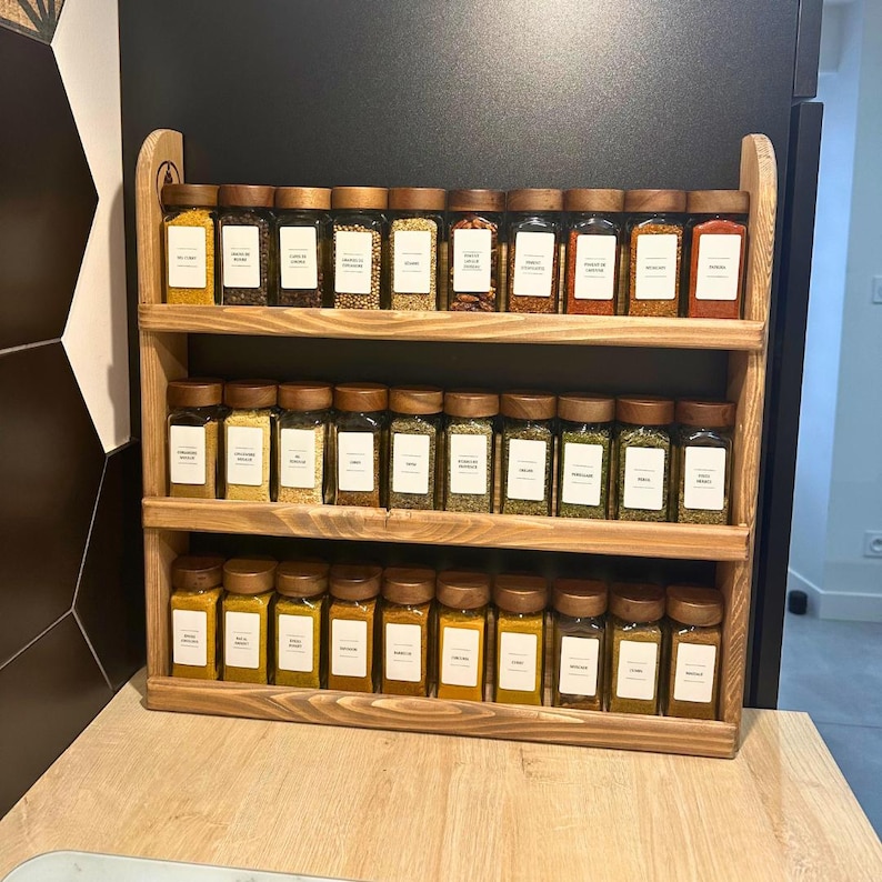 Recycled wood spice rack, rustic kitchen shelf, sustainable spice storage image 1