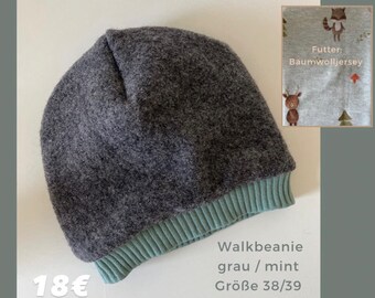 Wollwalk Mütze Beanie Schurwolle Walk Wintermütze grau / mint