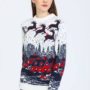 Women Knitted Xmas To The Pub Festive Christmas Jumper Elasticated Cuffs and Neckline 100% Acrylic Machine Wash Casual Long Sleeve Available