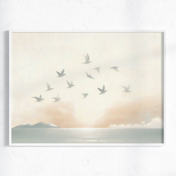 Flying Birds Art Print | PRINTABLE | Birds and Ocean | Wall Art | Neutral Tone | Digital Download