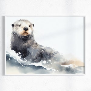 Playful Sea Otter Watercolor Print | Nursery Art | Marine Animal | Cute Ocean Wall Art | Digital Download