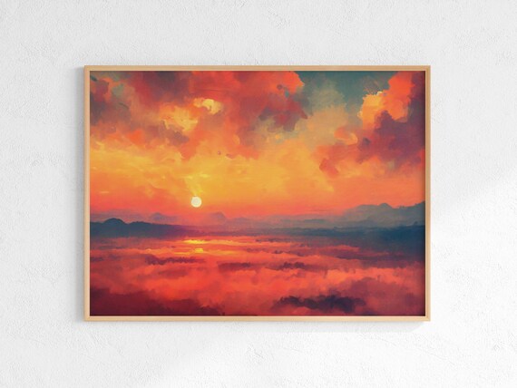 Nature Abstract Art Print | Vibrant Sunset Painting | Modern | Red Artwork | Living Room and Bedroom Wall | Warm Tone - Download & Printable