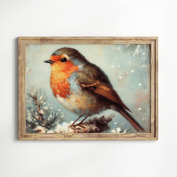 Vintage Style Wall Art European Robin Painting | Winter Snow Scene | PRINTABLE | Art Print | Home Decor | Nature Artwork - Digital Download