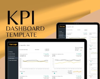 Könnte beinhalten: Eine schwarz-weiße Dashboard-Vorlage mit einem Diagramm, das die wichtigsten Verkaufskennzahlen für das Jahr 2024 zeigt. Das Dashboard enthält Daten zum Gesamtumsatz, zur Anzahl der Bestellungen, zu den Kunden und zur Anzahl der Artikel. Das Diagramm zeigt die Daten für jeden Monat des Jahres mit einer Ziellinie für jede Kennzahl.