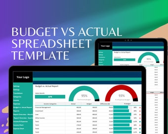 May include: A computer screen displaying a budget vs. actual spreadsheet template. The template includes a chart showing income and expenses, with a green circle indicating 95% of income budget and a red circle indicating 93% of expenses budget. The spreadsheet includes a table with columns for income categories, actual, budget, difference, and percentage of budget.