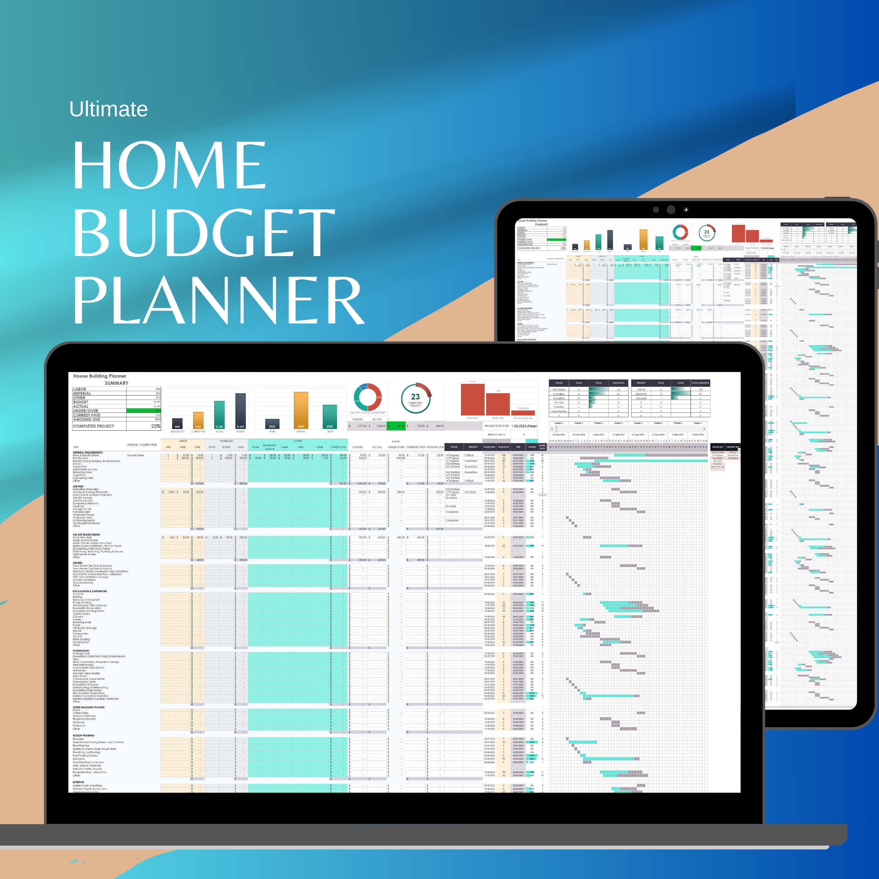 Home Construction Budget Planner Excel & Google Sheets | Gantt Chart ...