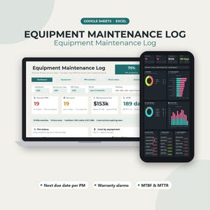 Equipment Maintenance Log Template, Preventive Maintenance Schedule Google Sheets Excel, Work Order and Service History, Digital Download