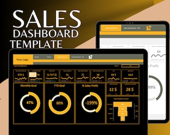 May include: A black laptop screen displaying a sales dashboard template with a yellow and black color scheme. The dashboard includes graphs, charts, and data points related to sales performance, including total revenue, conversion rate, monthly goal, YTD goal, and sales profit. The dashboard also includes a sales pipeline funnel.