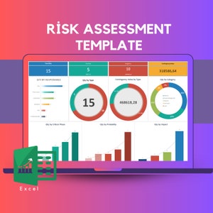 Peut inclure: Un écran d'ordinateur portable affichant un modèle d'évaluation des risques dans Excel. Le modèle comprend des graphiques et des diagrammes montrant la quantité de risques par responsable, type, phase critique, probabilité et impact. La quantité totale de risques est de 15, dont 5 positifs et 10 négatifs. La valeur de la contingence est de 468 618,28 €.