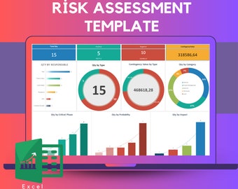 May include: A laptop screen displaying a risk assessment template in Excel. The template includes charts and graphs showing the quantity of risks by responsible party, type, critical phase, probability, and impact. The total quantity of risks is 15, with 5 positive and 10 negative. The contingency value is 468618.28.
