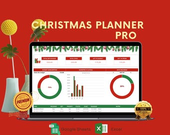 Puede incluir: Una pantalla de portátil muestra una hoja de cálculo de Christmas Planner Pro con detalles presupuestarios, gráficos y diagramas. La pantalla está sobre un fondo rojo con elementos decorativos. Las palabras "Christmas Planner Pro" están en la parte superior.