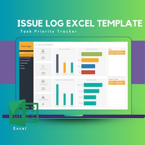 May include: A laptop screen displaying a spreadsheet with a dashboard for tracking open issues. The dashboard includes charts and graphs showing the number of open issues by status, priority, owner, and category. The title of the spreadsheet is "Issue Log Excel Template: Task Priority Tracker".