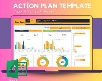Puede incluir: Una pantalla de computadora portátil que muestra una plantilla de plan de acción colorida con gráficos y tablas. La plantilla está diseñada para realizar un seguimiento de las tareas y el progreso. El título de la plantilla es "Plantilla de plan de acción" y el subtítulo es "Seguimiento de la prioridad de las tareas". La plantilla está diseñada en Excel.