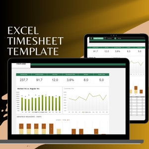 Puede incluir: Una captura de pantalla de una pantalla de ordenador que muestra una plantilla de hoja de tiempo de Excel. La plantilla incluye una variedad de gráficos y tablas, incluyendo un gráfico de barras que muestra las horas trabajadas frente a las horas regulares, un gráfico de líneas que muestra las horas extras y un gráfico de barras que muestra las razones de ausencia. La plantilla también incluye una variedad de campos de datos, como los días trabajados, los días de horas extras, los días de enfermedad, la tasa de ausencia, los días festivos y los días de vacaciones.