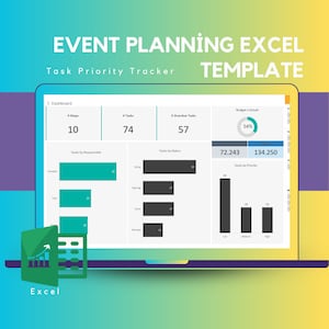 Puede incluir: Una pantalla de computadora portátil que muestra una hoja de cálculo de Excel con un tablero para la planificación de eventos. El tablero muestra el número de pasos, tareas, tareas vencidas y presupuesto versus real. La hoja de cálculo también incluye gráficos que muestran las tareas por responsable, las tareas por estado y las tareas por prioridad.