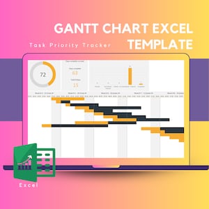 May include: A laptop screen displaying a Gantt chart Excel template with a task priority tracker. The chart shows a timeline with tasks and their progress. The chart is color-coded with yellow and black bars representing different tasks. The screen also shows a progress circle with the number 72, a progress bar with the number 63, and a total days counter with the number 15.