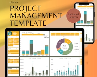 May include: A laptop and a smartphone display a project management dashboard with charts and graphs showing overall task progress, manager assignments, priority levels, status, and project completion. The dashboard includes a pie chart showing 108 tasks with percentages for completed, in progress, on hold, and upcoming tasks. The text "Ultimate Project Management Template" is displayed at the top of the image.