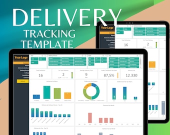 May include: A computer screen displaying a delivery tracking dashboard with charts and graphs. The dashboard shows data on total deliveries, on-time deliveries, average delivery time, orders delivered late rate, delivery fee, deliveries by status, deliveries by delivery person, deliveries by city, and deliveries by month. The dashboard is titled "Delivery Tracking Template".