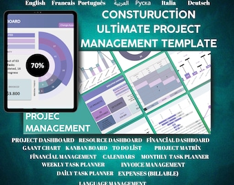 May include: A colorful infographic template for project management, with the title "Construction Ultimate Project Management Template". The template includes sections for project dashboard, resource dashboard, financial dashboard, Gantt chart, Kanban board, to-do list, project matrix, financial management, calendars, monthly task planner, weekly task planner, invoice management, daily task planner, expenses (billable), and language management. The template also includes a section for adding your own language.