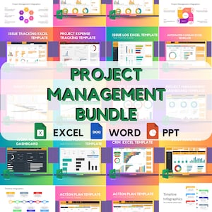 Puede incluir: Un collage de plantillas de gestión de proyectos coloridas para Excel, Word y PowerPoint. Las plantillas incluyen diagramas de Gantt, seguimiento de problemas, seguimiento de gastos, evaluación de riesgos y más. El texto "Project Management Bundle" está en el centro de la imagen.
