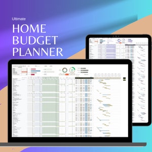 May include: A laptop computer displaying a spreadsheet with a home budget planner. The spreadsheet includes a chart, a calendar, and a list of expenses. The title of the spreadsheet is "Ultimate Home Budget Planner".