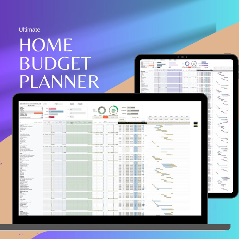 May include: A laptop computer displaying a spreadsheet with a home budget planner. The spreadsheet includes a chart, a calendar, and a list of expenses. The title of the spreadsheet is "Ultimate Home Budget Planner".