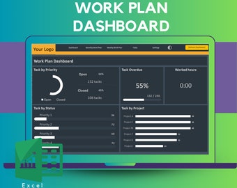 Puede incluir: Una pantalla de computadora gris oscuro que muestra un tablero de plan de trabajo con un gráfico circular que muestra 55% de tareas abiertas y 45% de tareas cerradas. El tablero también muestra una barra de progreso para las tareas vencidas, una barra de progreso para las horas trabajadas y una lista de tareas por proyecto.