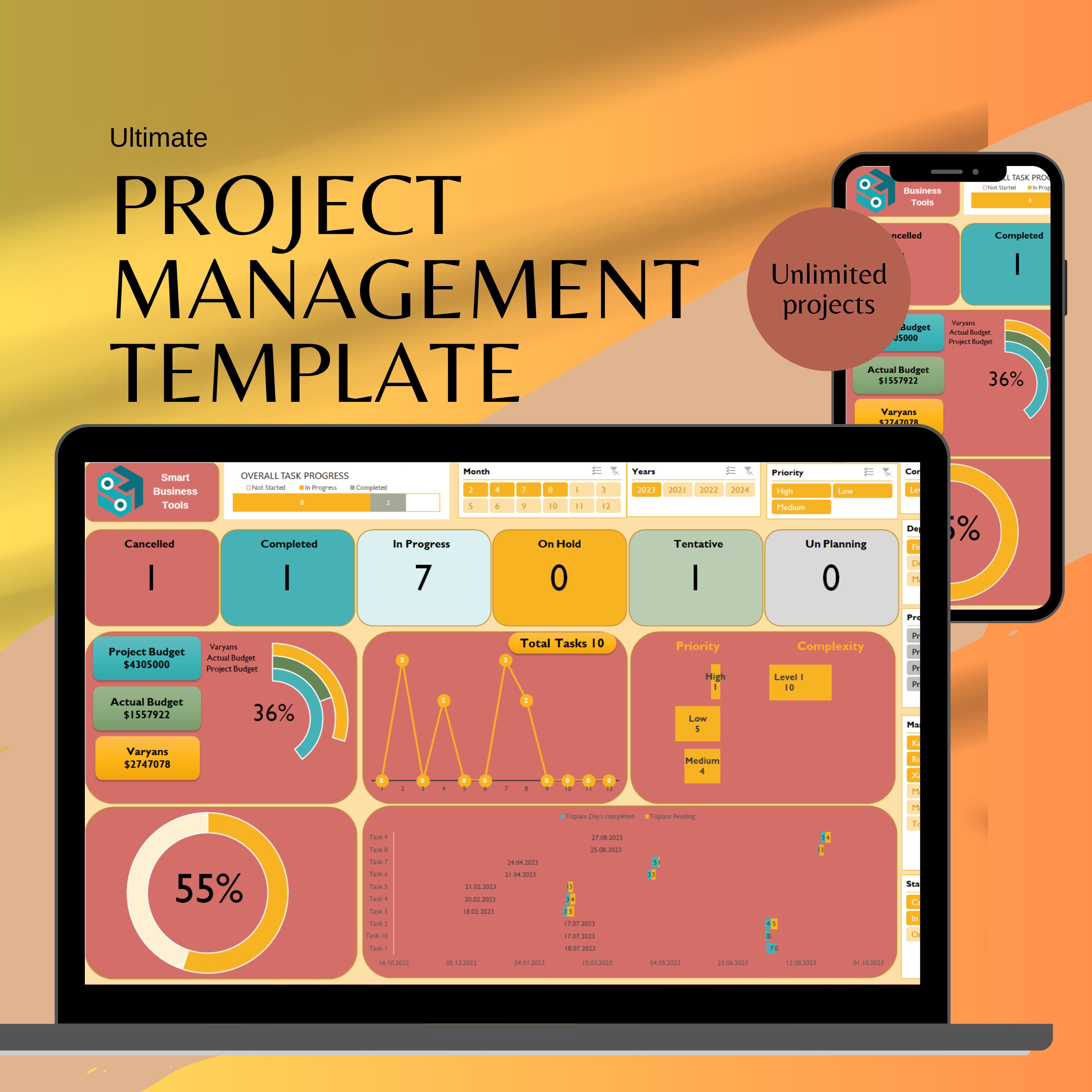 Excel Project Management Template: Gantt Chart, Kanban Board, Task Tracker