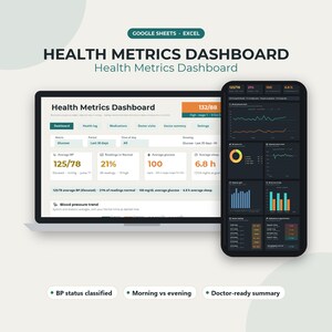 May include: A digital health metrics dashboard displayed on a laptop screen and a smartphone. The interface shows data for blood pressure, glucose, and sleep, including charts, graphs, and text labels like Health Metrics Dashboard.