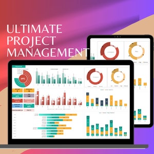 Peut inclure: Un écran d'ordinateur portable affichant un tableau de bord de gestion de projet avec des graphiques et des diagrammes. Le tableau de bord comprend des données sur l'achèvement du projet, le budget, les ressources et les risques. Le tableau de bord est intitulé "Ultimate Project Management".