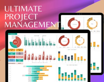 May include: A laptop screen displaying a project management dashboard with charts and graphs. The dashboard includes data on project completion, budget, resources, and risks. The dashboard is titled "Ultimate Project Management".