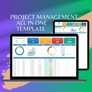 May include: A laptop and tablet display a project management template. The laptop screen shows a dashboard with project status, tasks due, and progress indicators. The tablet displays similar data. The text "PROJECT MANAGEMENT ALL IN ONE TEMPLATE" is at the top.