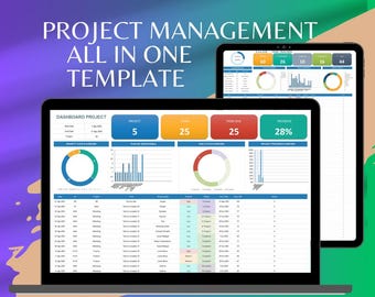May include: A laptop and tablet showing a project management template. The laptop screen displays a dashboard with project status, tasks due, and progress indicators. The tablet shows similar data. The text "PROJECT MANAGEMENT ALL IN ONE TEMPLATE" is at the top.