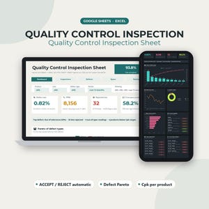 May include: A digital quality control inspection sheet template for Google Sheets and Excel displayed on a laptop screen and a smartphone. The interface features data dashboards, defect rate metrics, Pareto charts, and performance statistics.