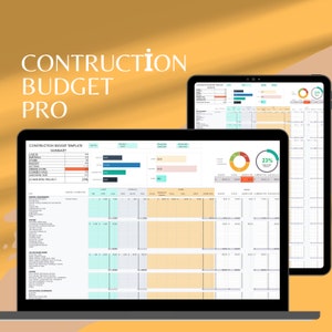 May include: A computer screen displaying a construction budget template with a summary section, a pie chart showing 23% completed, and a detailed breakdown of costs by category. The template is designed to help users track and manage their construction projects.