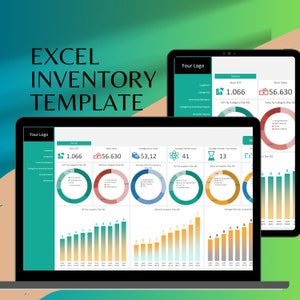 May include: A computer screen displaying an Excel spreadsheet with a colorful dashboard showing inventory data. The dashboard includes charts, graphs, and tables with data on stock quantity, value, average stock value, average recorder level, and average recorder time. The dashboard is titled "Excel Inventory Template" and has a logo that says "Your Logo".