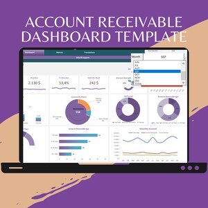 Peut inclure: Un &eacute;cran d'ordinateur affichant un mod&egrave;le de tableau de bord pour les comptes clients. Le tableau de bord pr&eacute;sente diverses mesures, notamment le montant en retard, le pourcentage en retard, la tr&eacute;sorerie disponible, le nombre total de factures, l'&acirc;ge des comptes clients et le compte mensuel. Le tableau de bord est con&ccedil;u pour aider les entreprises &agrave; suivre et &agrave; g&eacute;rer leurs comptes clients.