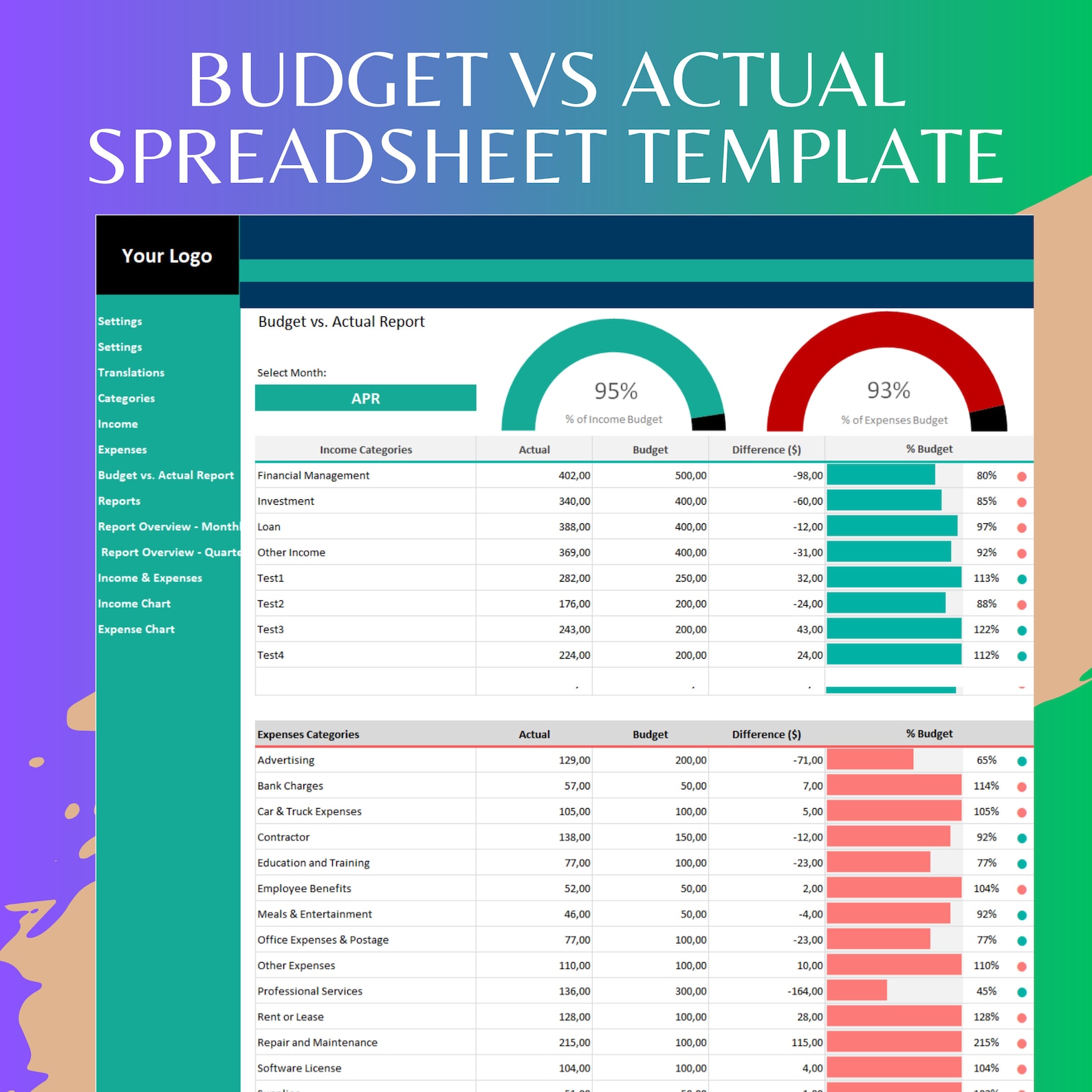 Budget Vs Actual Excel Template | Income & Expense Tracker | Monthly ...