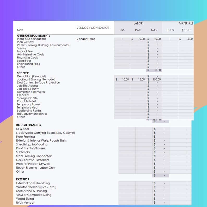 Home Construction Budget Planner: Excel & Google Sheets (digital ...