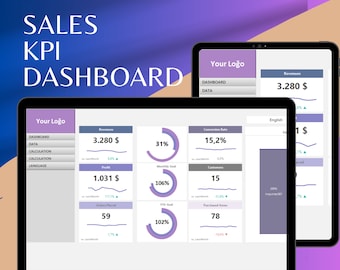 May include: A laptop screen displaying a sales KPI dashboard with data visualizations. The dashboard shows key metrics like revenue, profit, conversion rate, customers, and orders placed. The dashboard is designed with a purple and gray color scheme.