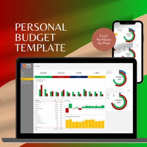 May include: A computer screen displaying a personal budget template in Excel. The template includes charts and graphs showing income, expenses, and savings. The screen also shows a phone with a similar budget template.