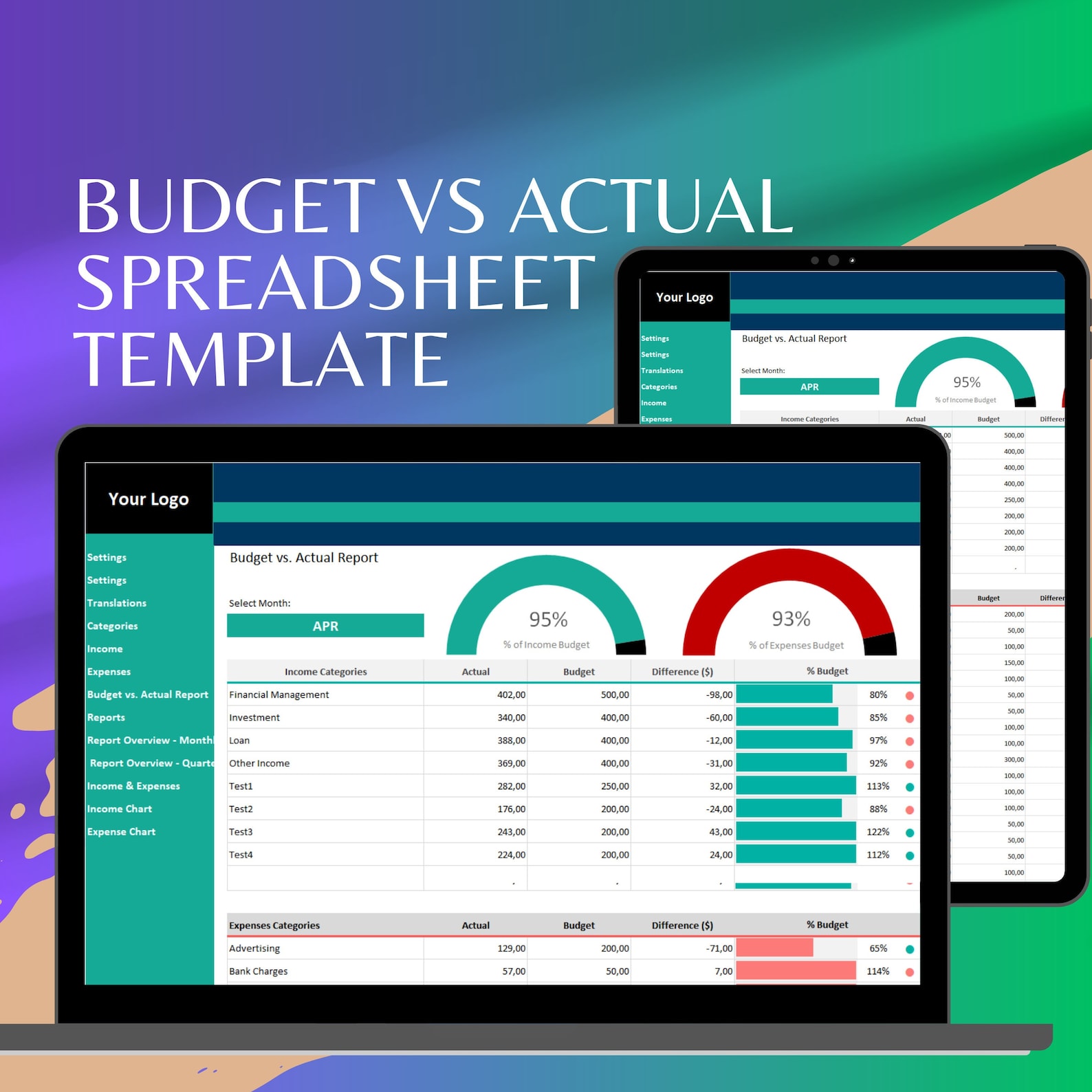 Budget Vs Actual Excel Template: Financial Analysis Spreadsheet - Etsy