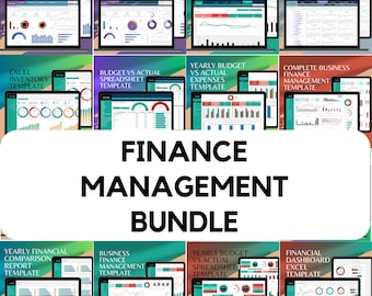 Könnte beinhalten: Eine Collage aus neun Computerbildschirmen, die verschiedene Vorlagen für das Finanzmanagement zeigen. Die Vorlagen sind in Kategorien wie "Konten-Zahlbar-Dashboard", "Budget vs. Tatsächliche Ausgaben Vorlage", "Jährliches Budget vs. Tatsächliche Ausgaben Vorlage" und "Komplette Business Finance Management Vorlage" organisiert. Der Text "FINANCE MANAGEMENT BUNDLE" wird in großen, fetten Buchstaben in der Mitte des Bildes angezeigt.