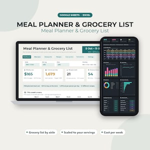 Meal Planner Template, Weekly Menu and Grocery List Google Sheets Excel, Recipe Cost and Automatic Shopping List, Digital Download