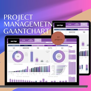 May include: A purple and white computer screen displaying a project management dashboard with charts and graphs. The dashboard shows data on 10 projects, 98 tasks, a total cost of $484,592, and 2,471 worked hours. The screen is titled "Project Management Gantt Chart".