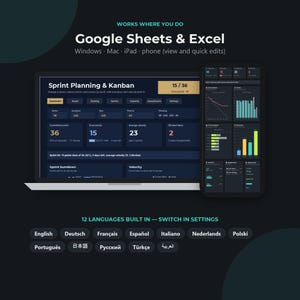 May include: A digital dashboard for Google Sheets and Excel displayed on a laptop and smartphone screen. The interface shows Sprint Planning and Kanban metrics with charts, graphs, and data points. Text includes Works Where You Do and 12 Languages Built In.